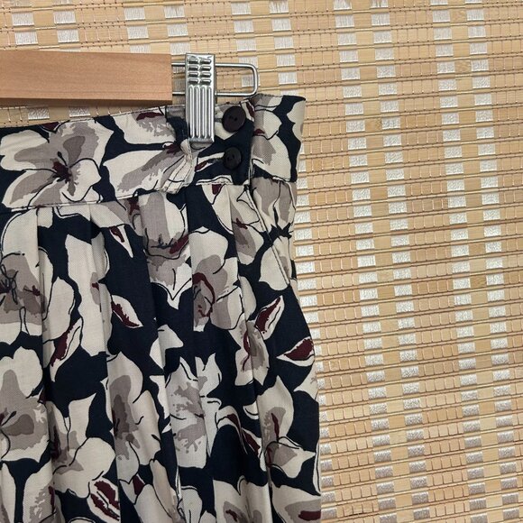 Vintage Floral Pleated Midi Skirt Navy Blue & Cream High-Waist A-Line - Picture 7 of 8